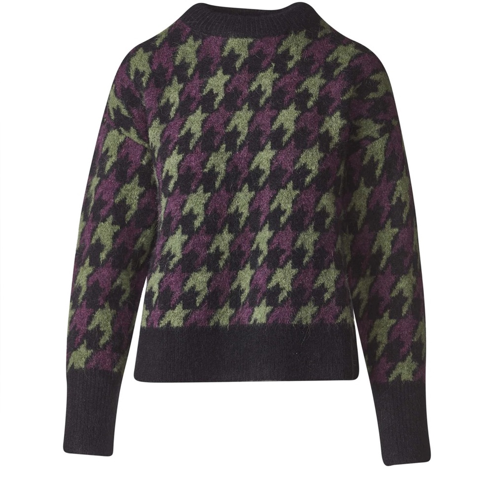 Kinross Alpaca Blend Houndstooth Crew Sweater - Black, Purple, Green